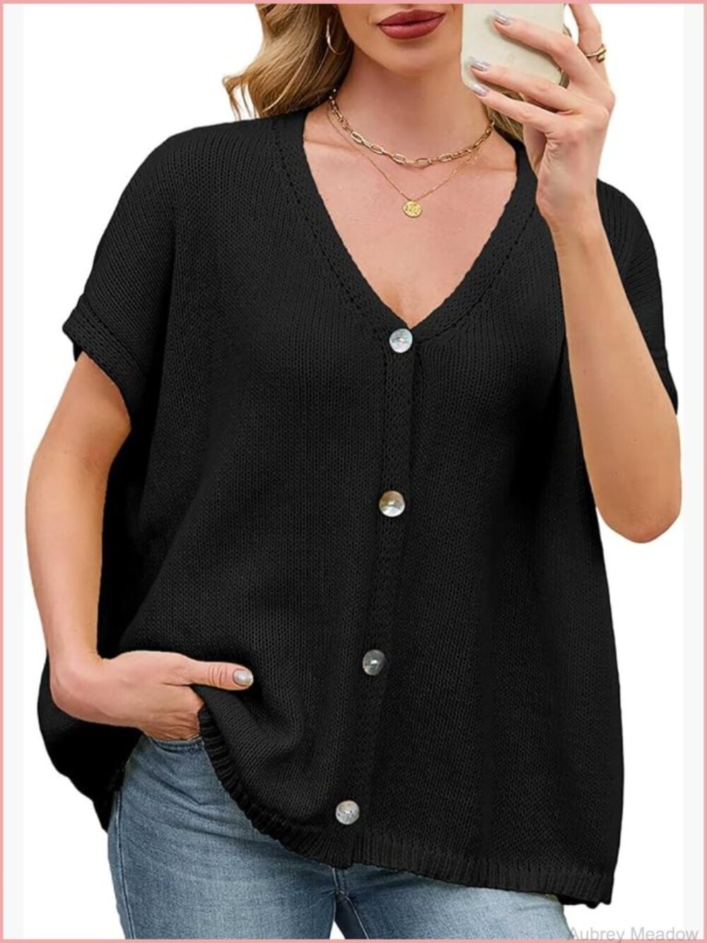 Oversized Lightweight Short Sleeve Cardigan Sweater Sheer Knit V Neck Button